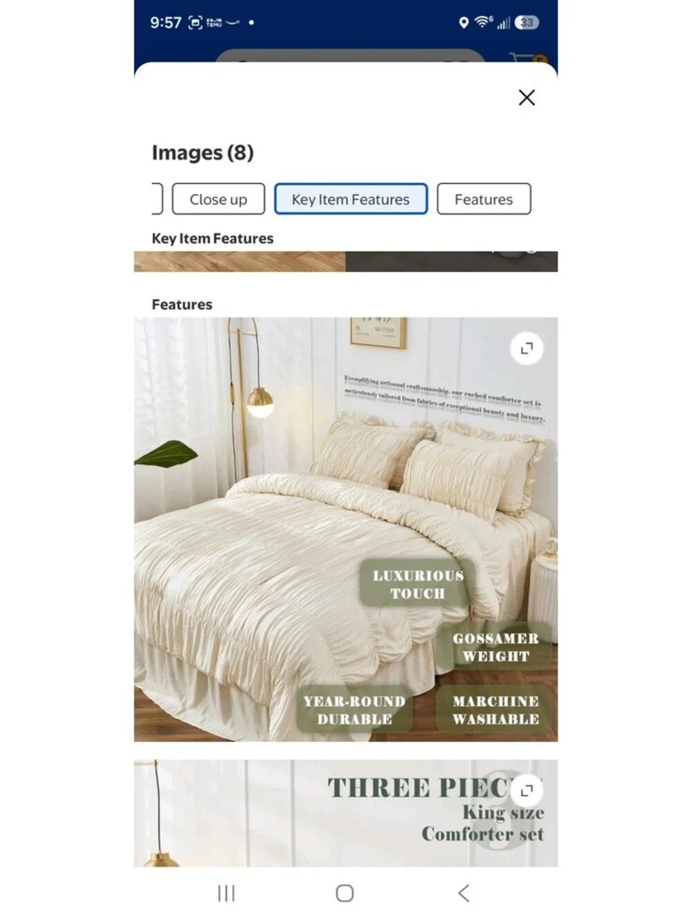 Bonlino Farmhouse Ruched Comforter King Size Bed Set 3 Pieces with Pillow Shams